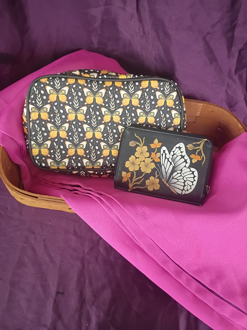Anuschka Hand Painted Leather Zip-Around Wallet-Butterfly Dusk & Make Up Bag